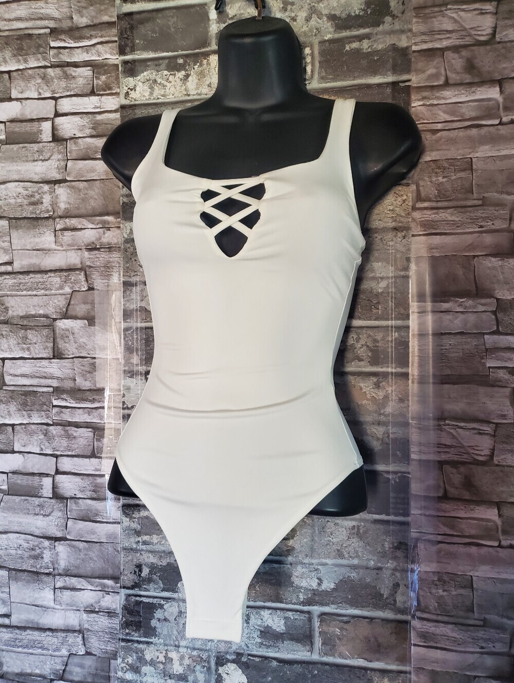 Windsor White Satin-Look Bodysuit  Crisscross Front Sleeveless Summer Beachy Sml